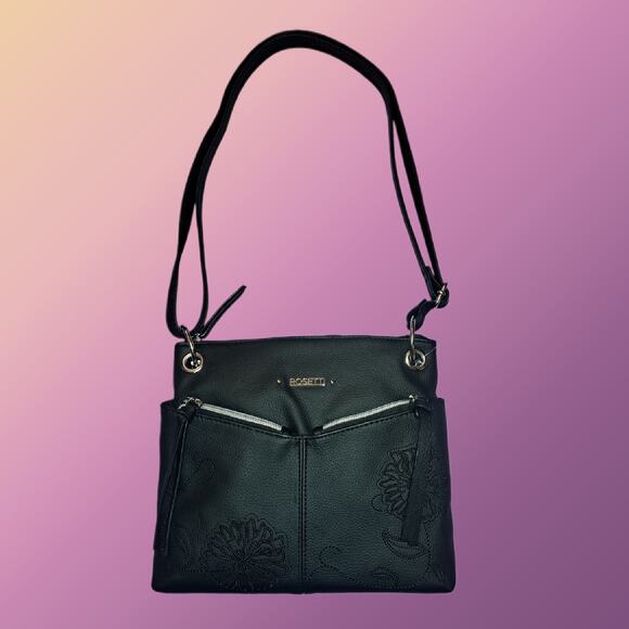 Rosetti Black Floral Stitched Crossbody Bag Double Zipper Adjustable Strap - Picture 1 of 13